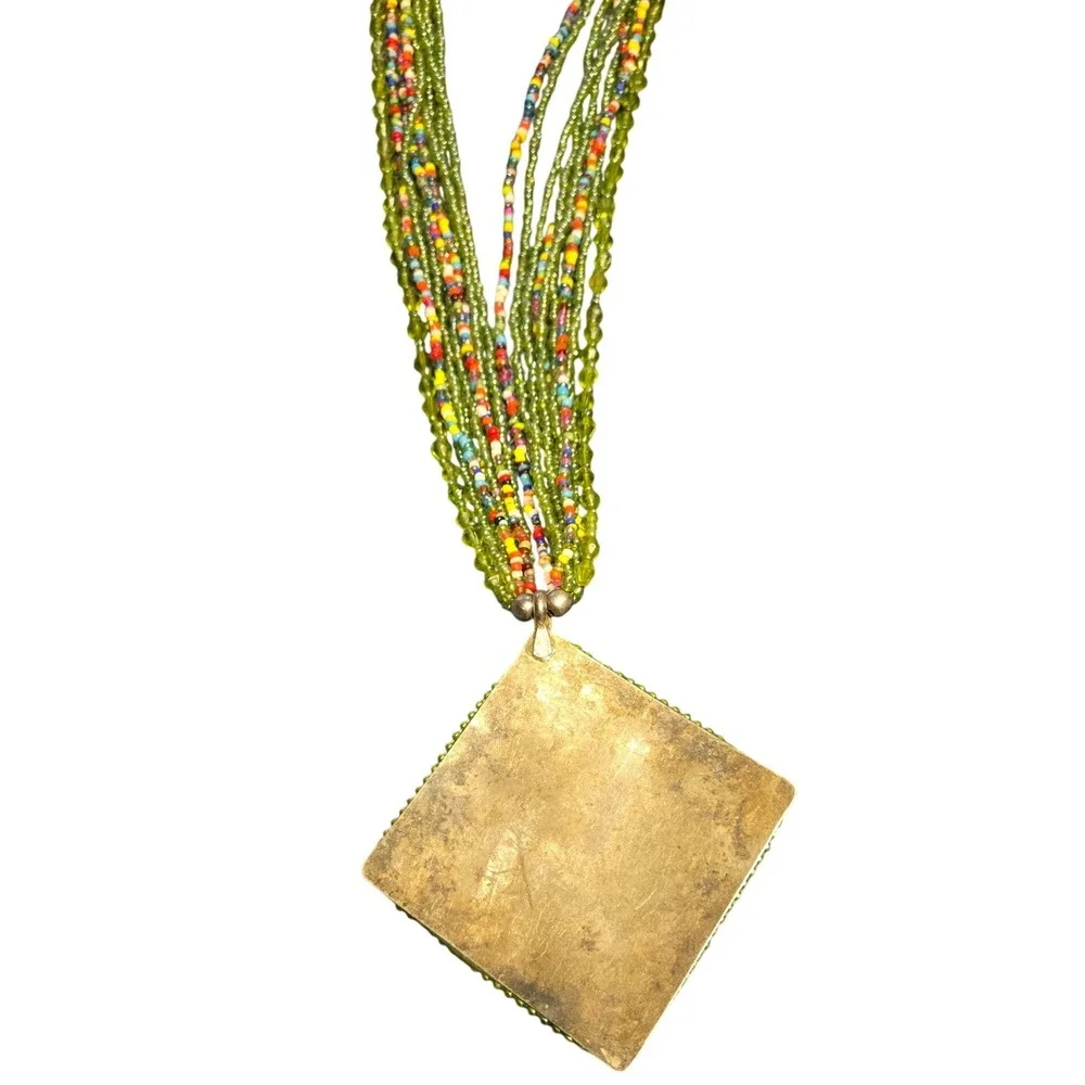 Multistrand Green Beaded Statement Necklace Large Mosaic Pendant Boho Artisan